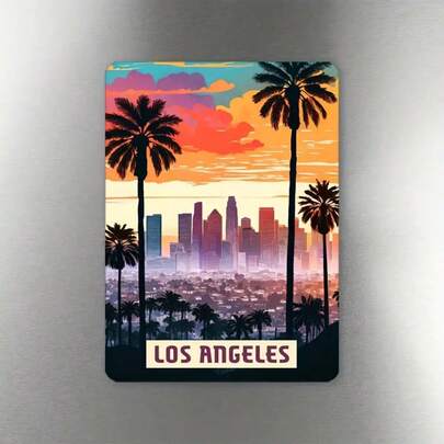 1 pieza Imán de pegatina de Los Ángeles - Horizonte con palmeras icónicas, monumentos y mapa de la ciudad - Imán grande para refrigerador y puerta, adecuado para refrigerador, superficies metálicas - Respaldo magnético de goma (8,4 x 6 cm)