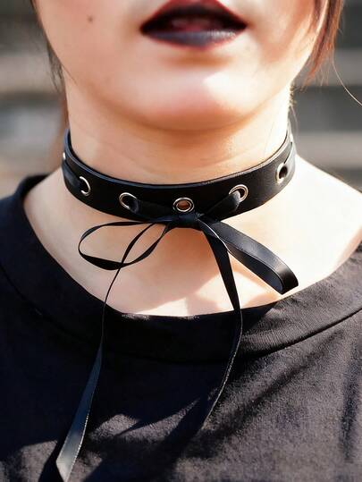 1PC Choker With Eyelets Decorated With A Bow Gothic Black PU Leather Harness Women Handmade Collar Bondage Charm Party Jewelry Accessory