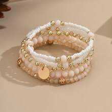 HandFashion Versatile Multi-Style Five Piece Bracelet Set Simple Braided Stretch Glass Rice Bead Round Piece Charm Hand Jewelrymade Bohemian Style Women's Bracelet Set Simple Elastic Glass Bead Round Pendant Pearl Jewelry Anniversary - 杏色 - 查看 7