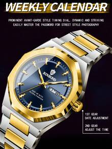 BINBOND B860 Business Watch Men's Watch 30M Waterproof Calendar Date Function Rhinestone Stainless Steel Watchband Male Quartz Watch - Gold - View 4