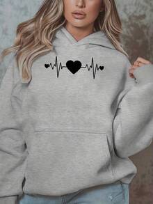 Sudadera con capucha de manga larga para mujer, moda e informal, con letras y estampado de patrones, top de manga larga con capucha para otoño e invierno - Gris Claro - Ver 3