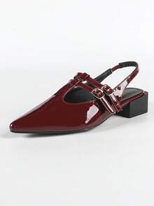 女士酒红色平底法式人字拖，新款夏季尖头玛丽珍凉鞋