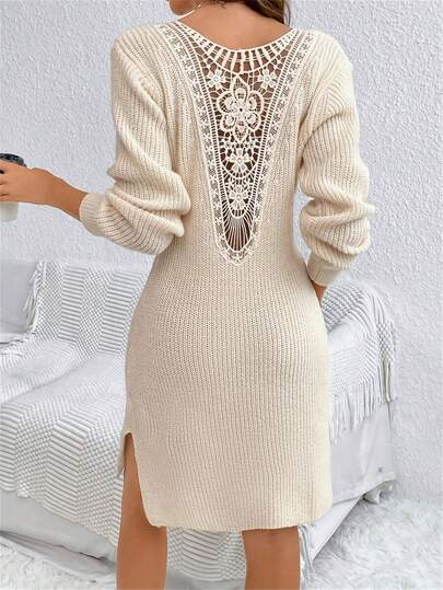 Vestido de suéter con encaje y abertura, elegante vestido de punto de cuello redondo y manga larga para otoño e invierno, ropa de mujer