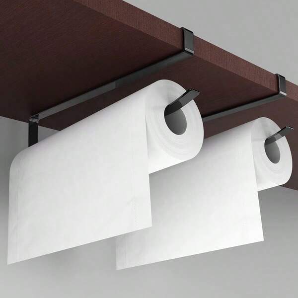 Paper Roll Holder 2 Pack Paper Towel Holder Cabinet Hanging Kitchen Roll Hanger Dispenser Storage Rack Towel Necktie Bedroom Toilet Organization Storage [No Drilling No Tool Required] Black