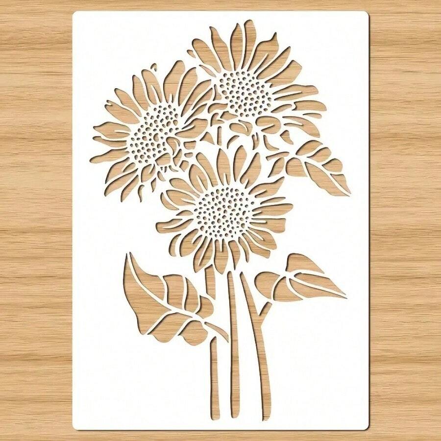 1个向日葵图案模板 - A4尺寸，可重复使用，高品质工艺模板，精美花卉设计，适用于DIY墙面艺术、木材、画布、剪贴簿、家具和相册装饰，可重复使用。 - 白色 - 查看 1