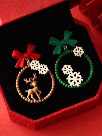 1 Pair Christmas New Reindeer & Snowflake Earrings, Bow & Gold Tone Earrings For Women