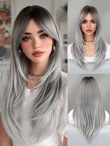 Gorgeous-24 Inch Layered Grey Wigs For Women, Long Straight Wigs With Curtain Bangs, High Density Fluffy Synthetic Heat Resistant Fiber Hair Wig For Anime Cosplay Wear, Music Festival Party Use - 漸變灰色 - 查看 5