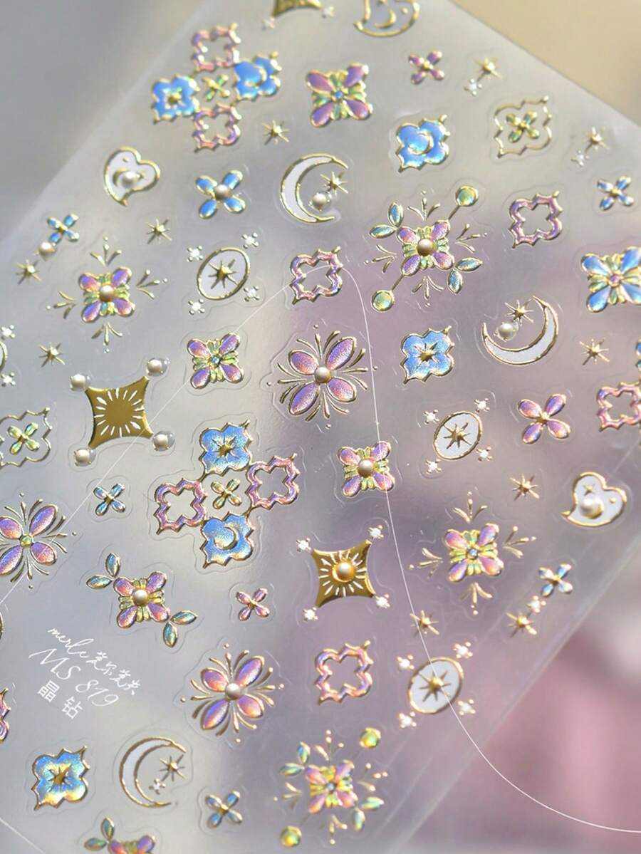 1 Stück neue chinesische bohemian Muster Nagel Aufkleber mit Perlen, Sternen und Mond 5D Nagelkunst mit orientalischer Fusion, multidimensionale kulturelle selbstklebende Nägel für elegante DIY Maniküre Dekorationen von Frauen