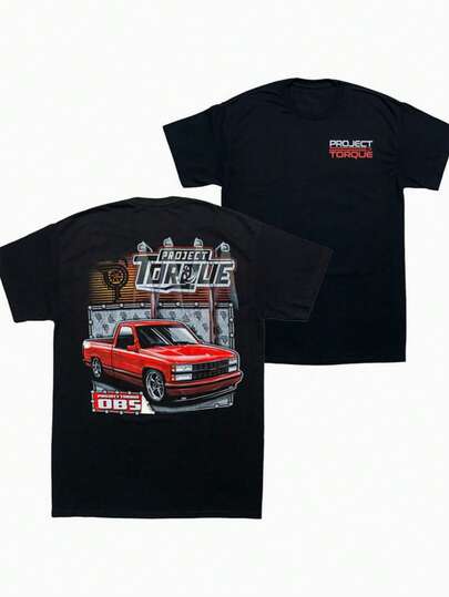 Camiseta de algodón 100% puro - Estilo casual simple con impresión gráfica clásica de camión de proyecto Torque - Cuello redondo, manga corta, suave y cómoda, moda urbana para todas las estaciones, camiseta de cuello redondo de ropa casual urbana