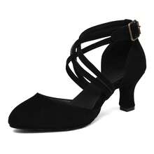 女士专业拉丁舞鞋，中跟标准舞鞋，系带，黑色，室内专业表演舞鞋，交谊舞/莎莎舞鞋 - 黑絨 - 查看 7