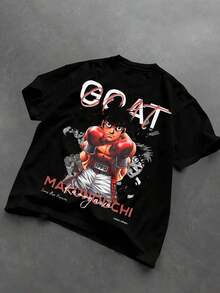 Anime Style Soft & Comfortable Crew Neck Short Sleeve Graphic Tee, Streetwear Fashion Top for All Seasons, Casual Streetwear | Round Neck Tshirt Featuring Bold Fighter Artwork and Text Design, Ideal for Everyday Wear and Trendys Outfits - Negro - Ver 6