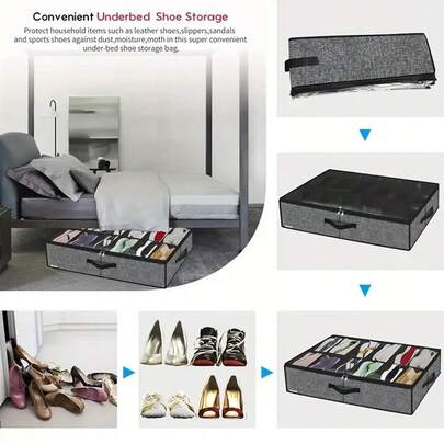 Foldable Under-Bed Shoe Storage Box Organizer With 12-Compartment Heavy-Duty Lid - Space-Saving Grey -Like Design, Non-Woven Fabric For Sneakers, Boots, Slippers - Dustproof Shoe Cabinet, Under-Bed Storage(Random Color)