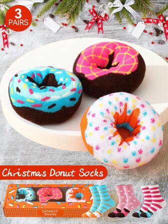 3双甜甜圈图案袜子，适合日常穿着和户外运动，优质加厚秋冬男士袜子，趣味几何图案和条纹印花女士中筒袜，独特的节日甜甜圈礼盒套装设计长袜，适合万圣节/圣诞节/生日派对/情人节/周年纪念日及各种节日创意礼物，送给朋友/家人/爱人的趣味惊喜袜子