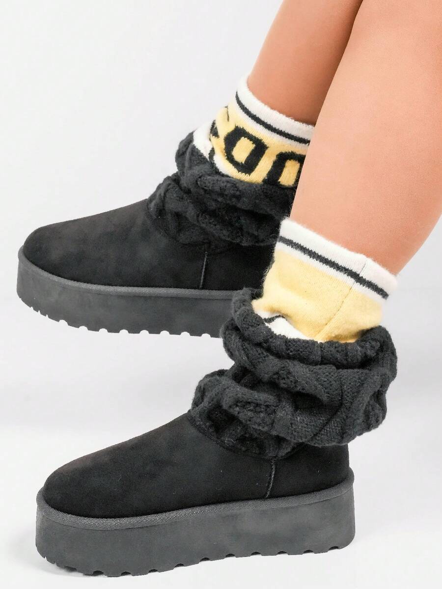 Cozy Knit High Boots With Platform Sole And Soft Suede Finish - Black - View 1