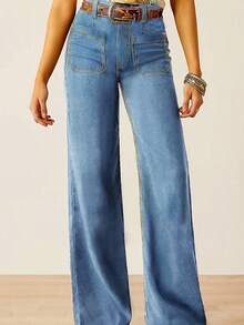Women's Straight Leg Double Pockets Casual Versatile Long Denim Jeans - Light Blue - View 7