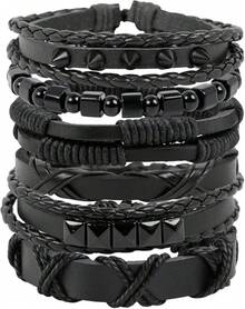 Manfnee Braided Leather Bracelet Men Women Punk Cuff Wrap Bangle Bracelets Adjustable Black - B: 6Pcs - View 1