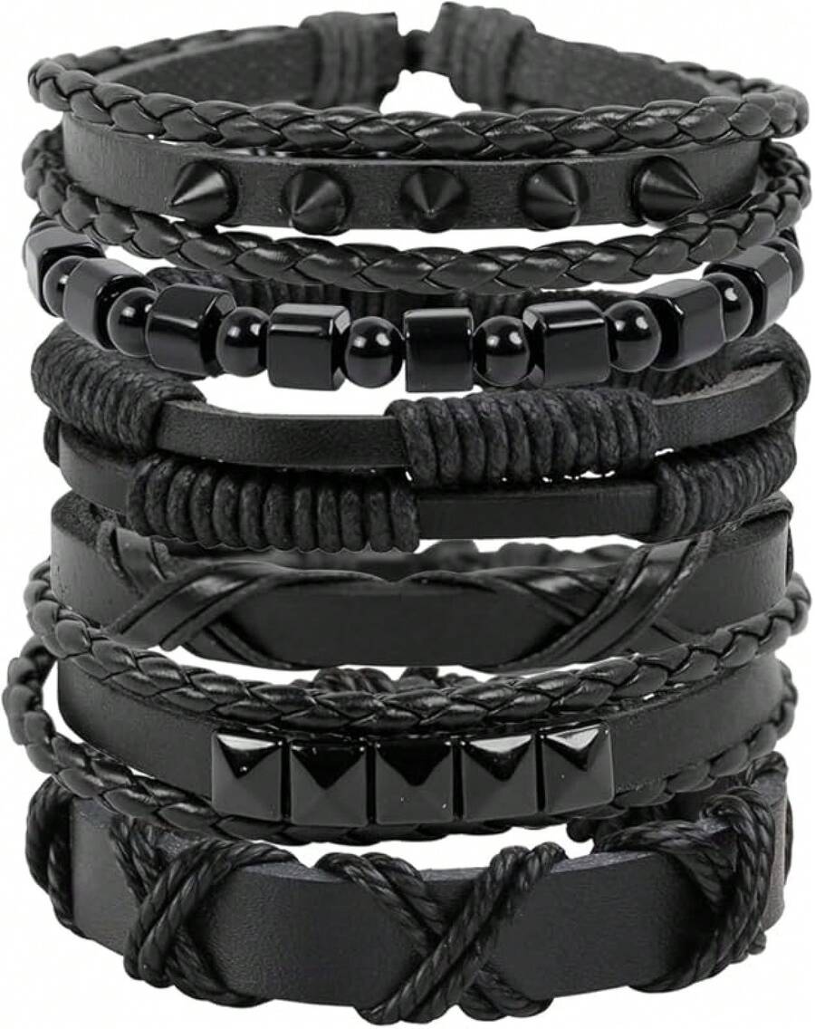 Manfnee Braided Leather Bracelet Men Women Punk Cuff Wrap Bangle Bracelets Adjustable Black - B: 6Pcs - View 1