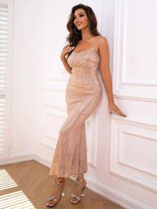 Joyfunear 女士亮片装饰美人鱼下摆吊带裙 - 香檳色 - 查看 1