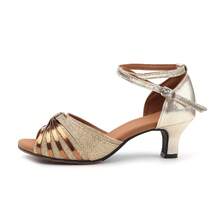 Women Gold Glitter Latin Dance Shoes, Mid-Heel With Ankle Strap And Rubber Sole, Suitable For Both Indoor And Outdoor Ballroom Salsa Dancing