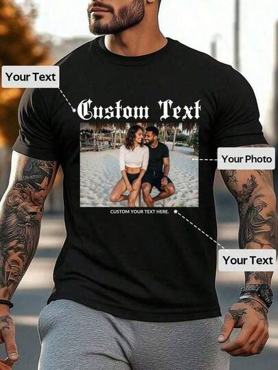 Camiseta Personalizada para Hombre con Texto y Foto Personalizable, Sube tu Foto/Un Amado/Amigo/Familia/Mascota, Camiseta Negra para Primavera/Verano, Regalo de Vacaciones, Regalo de Aniversario, Construcción de Equipo, Festival de Música, Regalo para Él, Camiseta Casual de Manga Corta con Cuello Redondo para Hombre, Fiesta, Regalo de San ValentínLoose, casual and versatile top T-shirt