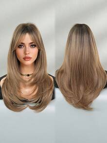 NICKY WALL Elegant-24 Inch Layered Flax Brown Wigs For Women,Long Straight Wigs With Curtain Bangs, High Density Fluffy Synthetic Heat Resistant Fiber Hair Wig For Daily Party Wear, Music Festival Party Use - 亞麻棕 - 查看 4
