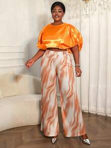 Women's Shiny Casual Two Pieces Set Round Neck Batwing Short Sleeve Cropped Tops Printed Wide Leg Trousers Elegant Office Wear Party Outfits - Orange - View 4