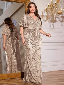 hezixi 高品质弹力优雅亮片拼接超修身加大码V领晚宴鸡尾酒会婚礼周年纪念家庭正式晚宴新娘送礼会生日无袖奢华高贵新娘母亲礼服（重工装饰）春季 - 杏色 - 查看 7