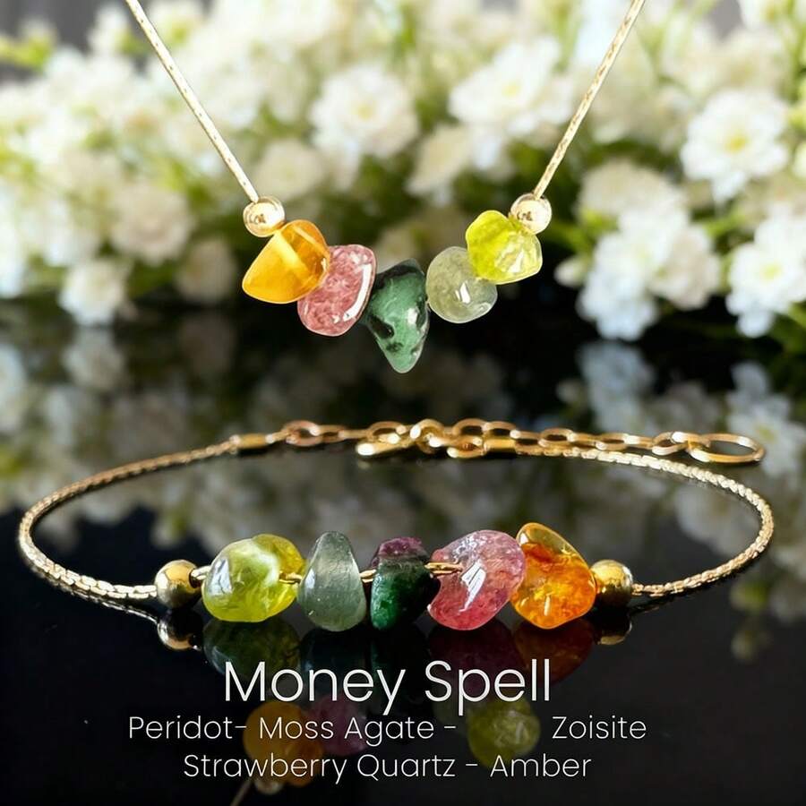 Wealth-Attracting Charms: Original Crystal Bracelet With Peridot, Moss Agate, Ruby, Zoisite, Strawberry Quartz, And Amber. Wealth-Manifesting Jewelry. - Necklace + Bracelet/Gold - View 1