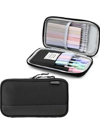 1个大容量黑色铅笔盒，耐用涤纶面料，防水防污，双拉链文具收纳袋，多功能整理袋，适用于学校用品和日常必需品
