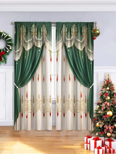 2pcs Fresh European Green And White Patterns Through The Rod Machine Washable And Hand Washable Polyester Fiber Material Curtains Suitable For Festival Decor Home Decor Bedroom Decor Kitchen Docor