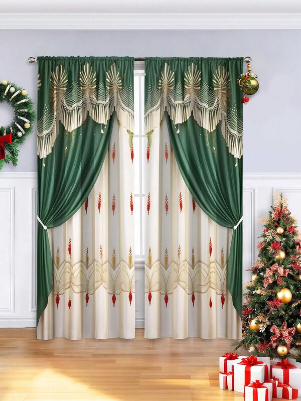 2pcs Fresh European Green And White Patterns Through The Rod Machine Washable And Hand Washable Polyester Fiber Material Curtains Suitable For Festival Decor Home Decor Bedroom Decor Kitchen Docor
