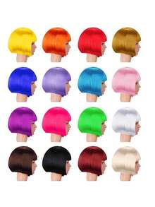 Polyester Christmas Party Wig, Short Straight Colorful Bobo Head, Realistic Pear Blossom Bangs Cosplay Wig For Women
