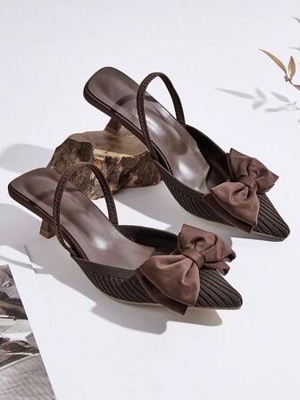 女士咖啡棕色尖头细高跟露跟工作鞋，低鞋面春秋季浅口鞋，无后跟高跟鞋