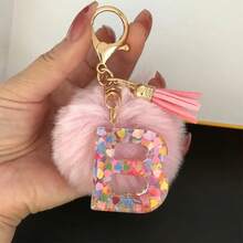 Alphabet Initial Letter Keychain Cute Plush Pom Key Chain Ring Bag Backpack Charm Car Hanging Pendant Women Girls Gift,Cute Sequins Resin Key Chain,Wallet And Handbag Accessories, Keychain With Tassels,Alphabet Initial Letter A-Y School - Multicolor - View 17