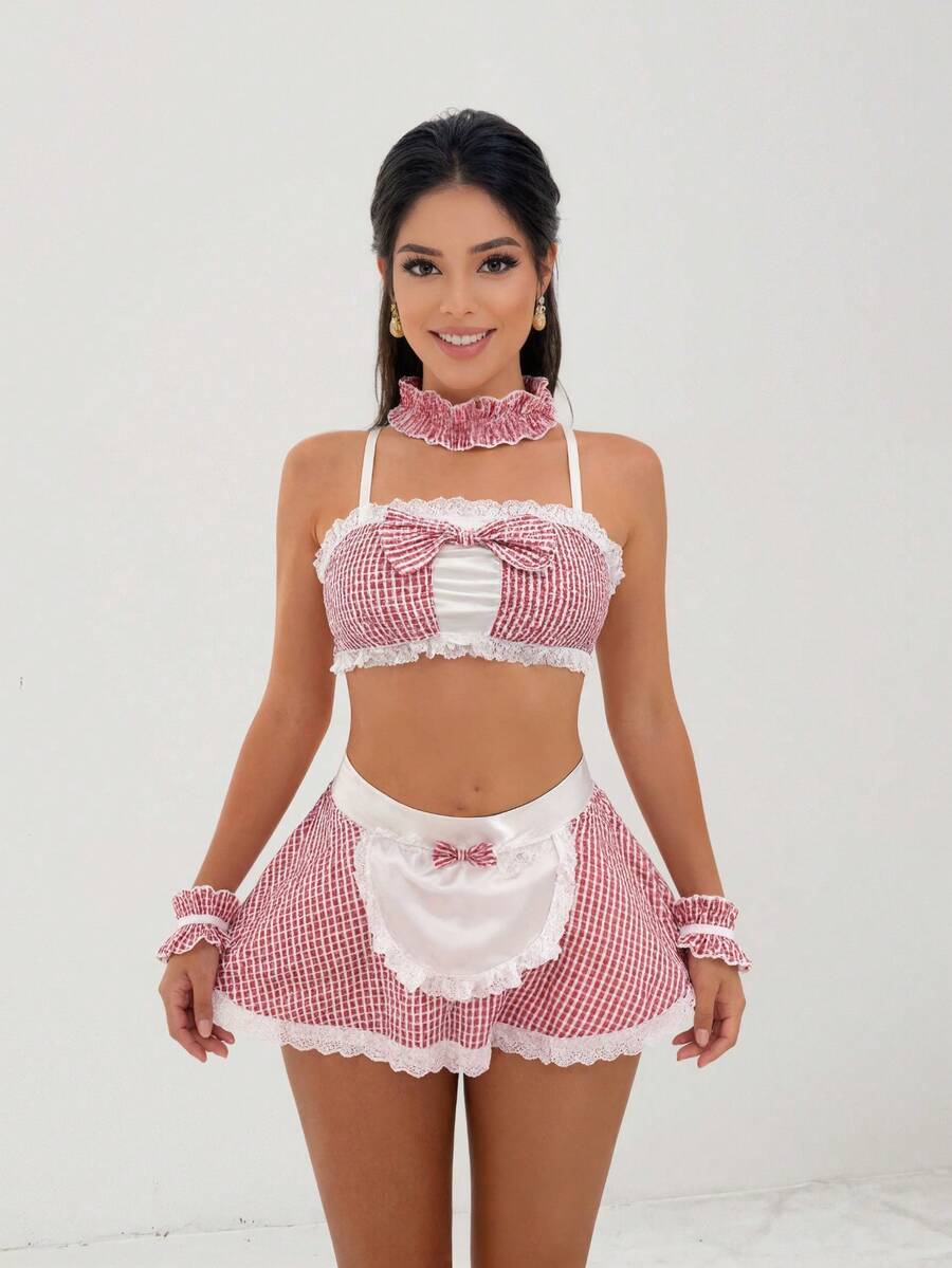 Red Gingham Check Apron Role-Play Lingerie Set With Lace Trim & Back Bow - 紅白色 - 查看 1