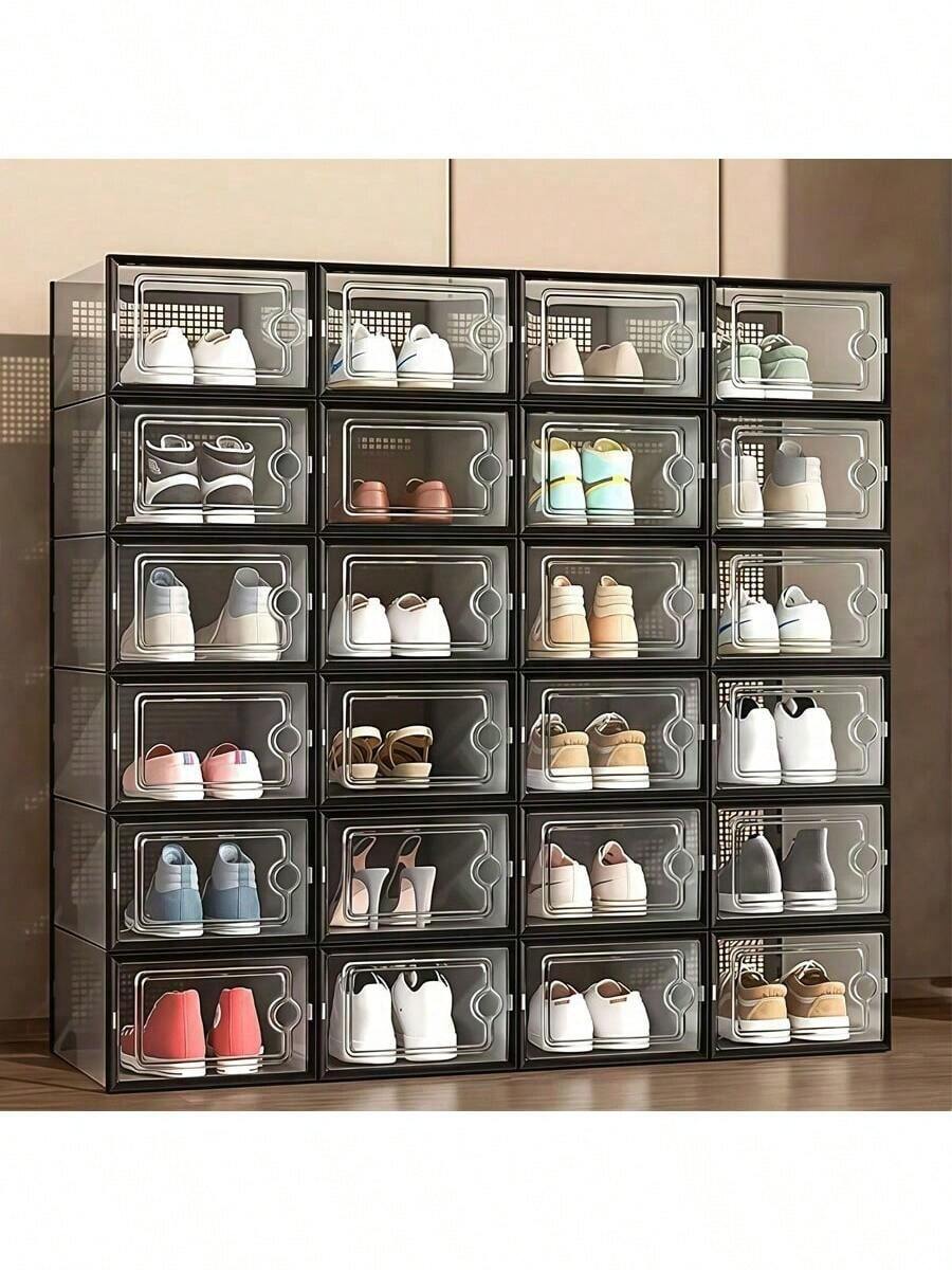 6/12 Transparent Plastic Shoe Storage Box With Magnetic Closure, Waterproof Rectangular Sports Shoe Storage Box, Can Be Stacked With Shoe Display Box, Suitable For Wardrobe, Multifunctional Open Front Door Design - Gói 12 chiếc màu đen - Xem 1