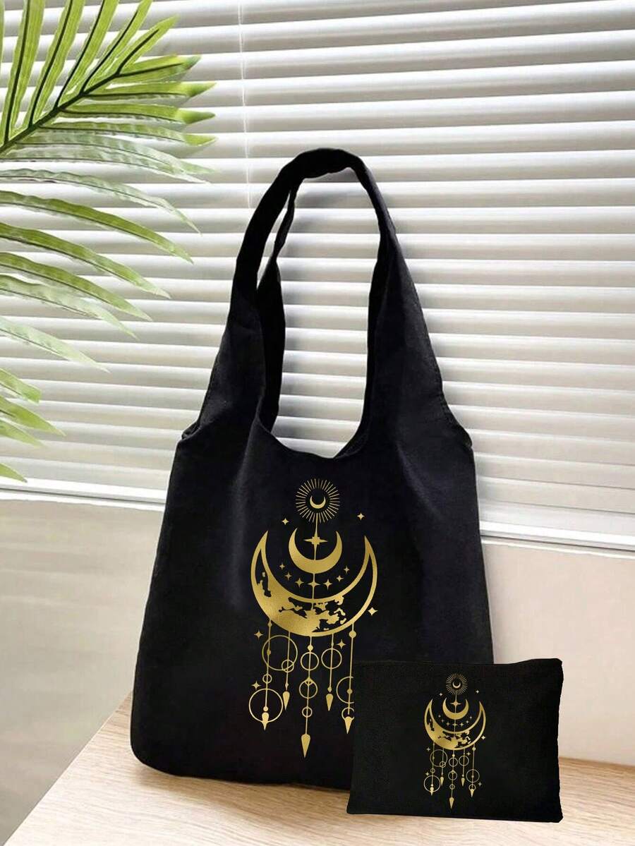 金色新月星印花帆布手提袋，黑色图案背心式手提袋，黑色小收纳袋。这些单品适合作为情人节礼物、伴娘个性化礼物、化妆包、简易旅行收纳包，也可用于购物、旅行和度假。它们是送给家人、朋友和母亲节的绝佳礼物。 - 彩色 - 查看 1