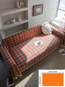 1pc Christmas Plaid Sofa Cover With Tassels, Green Vintage Farmhouse Style Sofa Throw Blanket, Thick & Durable Sofa Protector For Pet, Perfect For Christmas Holiday Family Gathering, Living Room, Bedroom, Office