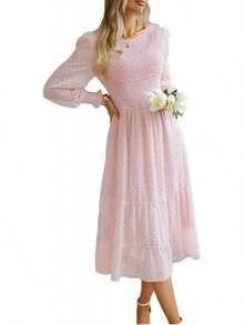 Vestido Informal para Mujer, Cuello Redondo, Manga Larga, Holgado, Color Liso, para otoño e Invierno - Blanco - Ver 9