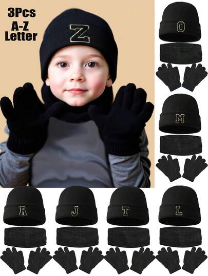 3pcs/Set Hat, Scarf, Gloves, A-Z Letter Print, Solid Color Design, Suitable For Casual Daily Wear, Unisex, Extremely Warm For Autumn/Winter Cold Weather