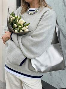 FOR BEAUTY Women's Spring Colorblock Crew Neck Gray Long Sleeve Knit ...
