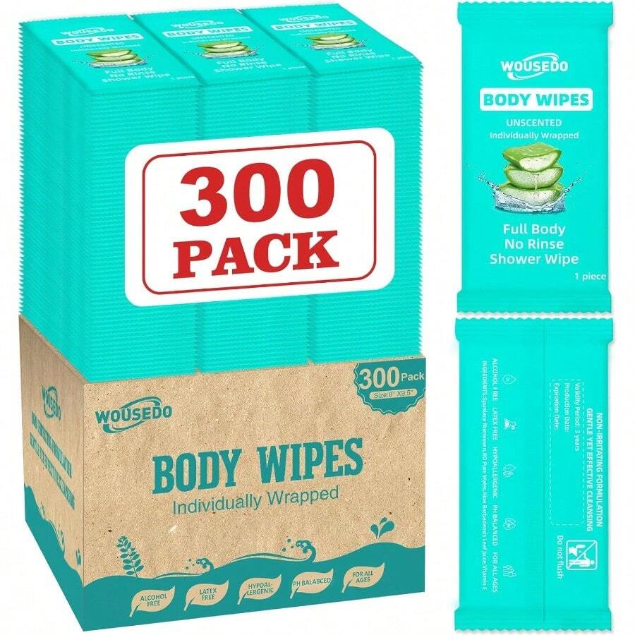 AFRT 300 Pack Individually Wrapped Body Wipes 8" X 9.5" No-Rinse Shower Wipe For Adults Travel Gym And Camping Bulk Cleansing Wipes For Homeless - 300包青色 - 查看 1
