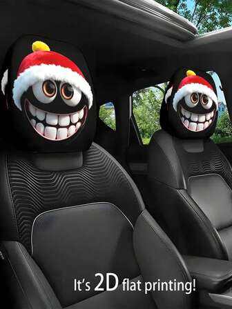 1/2 件装卡通趣味笑脸红色圣诞帽印花汽车头枕套，男女通用，舒适贴合，适合长途驾驶或日常通勤，完美提升汽车内饰格调，是馈赠亲朋好友的理想之选。