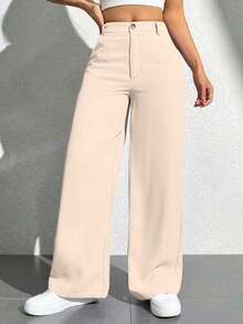 Women's Casual Loose Wide-Leg Pants With Pockets, Solid Color - 米色 - 查看 3