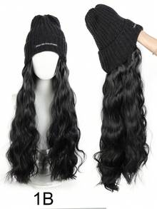 时尚百搭的女士长卷波浪耐热合成假发，蓬松针织帽假发套装，适合日常佩戴 - 彩色 - 查看 12