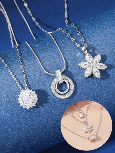 Hihho 3 件套精致时尚方晶锆石花朵和向日葵形状戒指吊坠项链套装，适合女士，派对礼物情人节、妈妈、母亲、母亲节、礼物