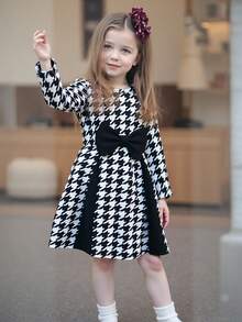 Girls' Autumn Dress, Houndstooth Pattern, French Bow Decor, A-Line Waist Design, Patchwork, Fashion & Cute - Black and White - View 2