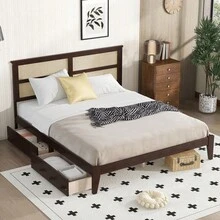 King Size Bed With Rattan Headboard In Espresso, Rubber Wood Platform Bed With 2 Storage Drawers, Enhanced Support Slats & Reinforced Feet (Mattress Not Included) - Espresso + Gỗ cao su + King - Xem 12