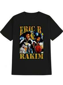 Camiseta Casual Negra para Hombre - Estampado de Retrato Icónico ERIC B.& RAKIM, Cuello Redondo, Camiseta de Verano Lavable a Máquina, Regalo para Fans del Hip-Hop, Diseño Inspirado en Raikoinspired, Ajuste Cómodo - Negro - Ver 7