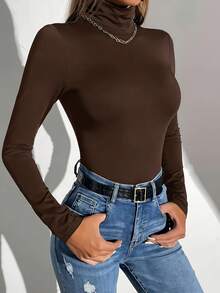 imisic 高领纯色女士连体裤，基础款打底衫+紧身弹力塑身衣，全身长袖套头T恤，日常穿着 - 咖啡棕 - 查看 6